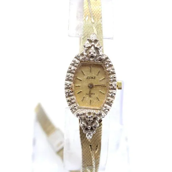 Vintage TOPAZ Watch Womens Gold Tone Stainless Steel Rhinestones Dial Quartz